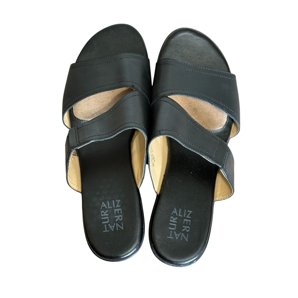 Naturalizer Womens Nerice Black Leather Asymmetrical Strap Wedge Sandals Sz 11M